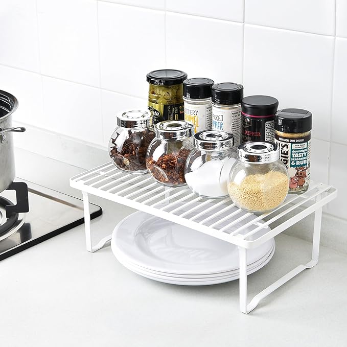 Amazon Basics Space-Saving Stackable Metal Kitchen Cabinet Organizer Shelves for Dishes, Pantry Organization, 12.5" L x 8" D x 4.5" H, Set of 2, White