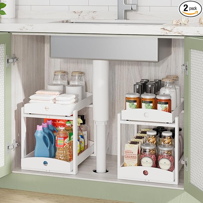 Bamboo Wood Under Sink Organizer 1 Pack, Pull Out Cabinet Organizer 2 Tier Under Sink Organizers and Storage with Sliding Drawer Sturdy Easy Assembly for Kitchen Bathroom Undersink (White, 2 Packs)