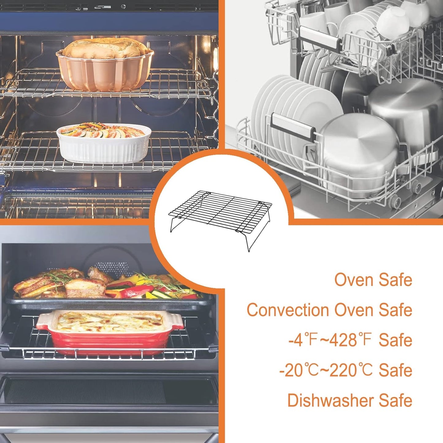CHEFMADE Baking and Cooling Rack Set, 13.5-Inch 3-Tier Non-Stick Stackable Collapsible Rectangle Wire Rack for Oven Baking (Black)