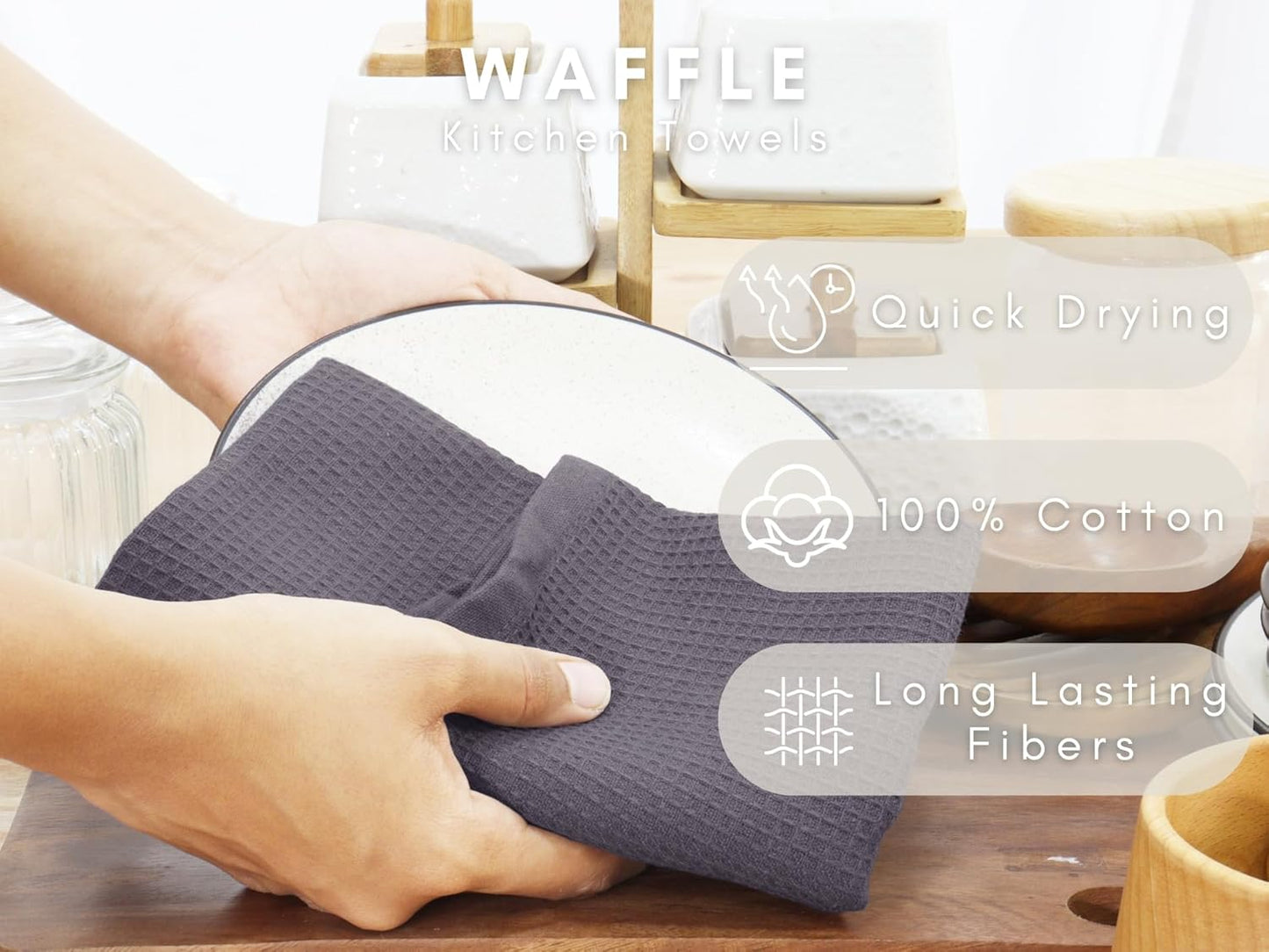 PurpleEssences Waffle Weave Kitchen Towel, 100% Cotton - 15 x 25 Inches, with Hanging Loop Ultra Soft Absorbent Quick Drying Dish Cloth, Tea and Hand Towels, 6 Pack - Spring Summer - Dark Grey