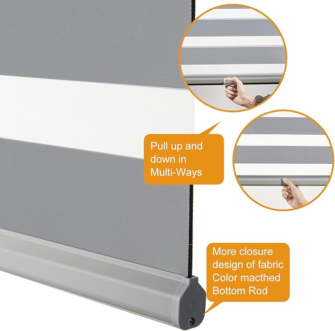 Persilux Cordless Zebra Blinds for Windows Free-Stop Roller Windows Shades (34" W X 72" H, Grey) Dual Layer Light Control for Day and Night, Light Filtering Sheer Shades for Home, Easy to Install