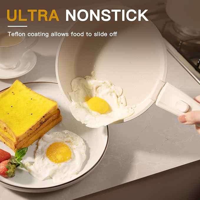 Astercook Ceramic Non-stick Cookware 21 Pcs Pots and Pans Set, Detachable Handle, RV Kitchen Non Stick Cooking Set Removable Handles, Oven Safe, Induction Ready, Stackable, Cream White
