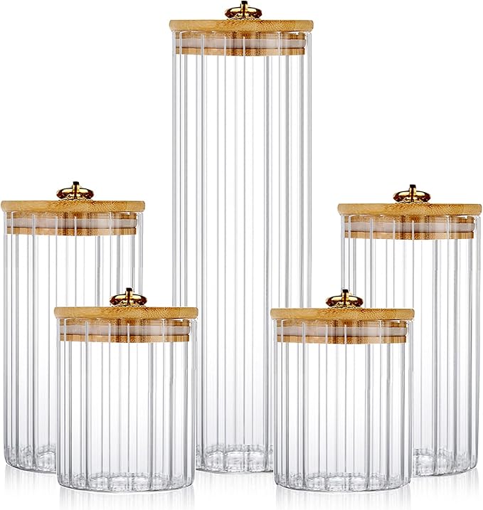 FANTESTICRYAN Glass Storage Jars Set of 5, Decorative Coffee Bar Container with Airtight Bamboo Lid Metal Ring for Home Kitchen Storing Candy, Cookie, Pasta, Nuts, Oatmeal and Bathroom Salt