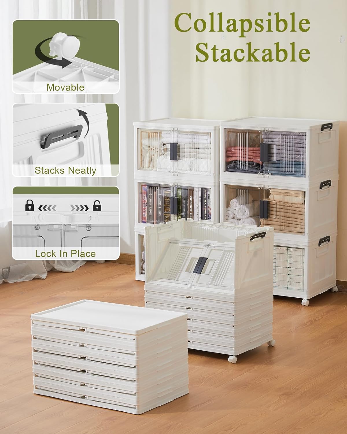 OlarHike 48QT Stackable Storage Bins with Lids - Folding Storage Boxes with Doors and Wheels, Collapsible Plastic Storage Organizer for Closets, Storage and Organization, 6 Pack Cubes