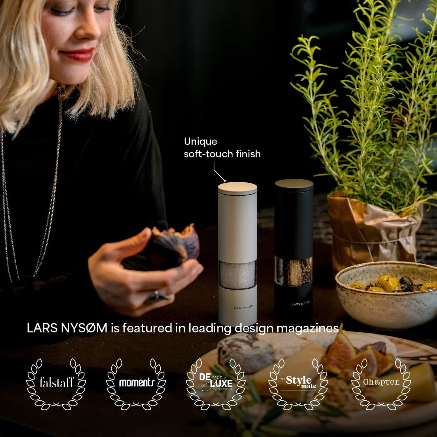 LARS NYSØM Salt and Pepper Grinder Set Manual, Stainless Steel Salt and Pepper Mills with Adjustable Ceramic Grinder I Design Spice Shakers (Taupe Brown)