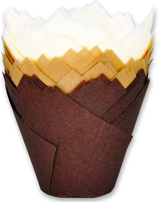 (JUMBO EXTRA LARGE size) Natural+Brown+White Tulip Baking Cups 2-1/4"(Base diameter) x 3-3/4"(Wall height) Greaseproof paper baking cupcake Muffin liners, Case of 130 pcs