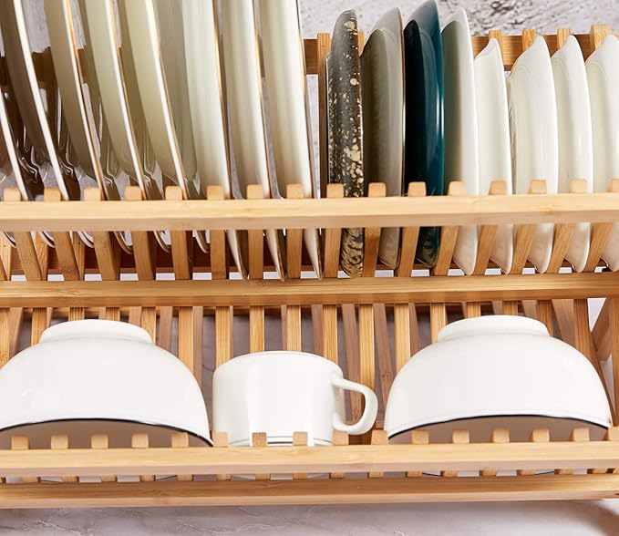 NOVAYEAH Bamboo Dish Drying Rack with Utensil Holder, Collapsible Wooden Dish Drainer Rack, 3-Tier Large Folding Drying Holder for Kitchen Counter 51 pcs Grid