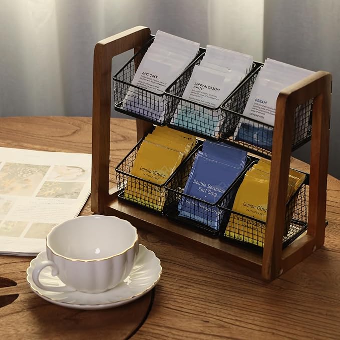 HTB 2 Tier Tea Organizer for Tea Bags, Tea Bag Holder with Acacia Wood Stand and 6 Removable Metal Basket for Sugar Packets, Sweeteners, Creamers for Cabinet, Countertop or Wall-mounted