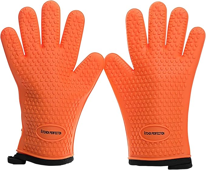 KITCHEN PERFECTION XL Silicone Smoker Oven Gloves-Extreme Heat Resistant BBQ Gloves-Handle Hot Food Right on Your Grill Fryer&Pit|Waterproof Grilling Cooking Baking Mitts|Superior Value Set+3 Bonuses