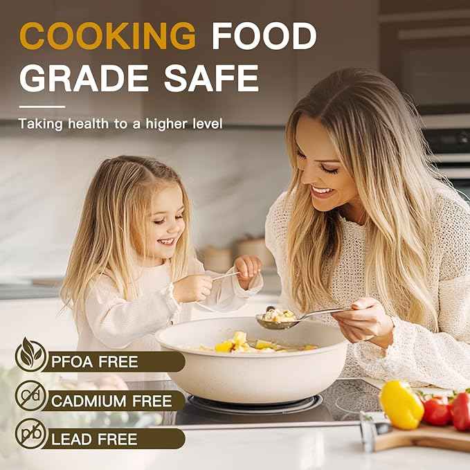 Astercook Ceramic Non-stick Cookware 21 Pcs Pots and Pans Set, Detachable Handle, RV Kitchen Non Stick Cooking Set Removable Handles, Oven Safe, Induction Ready, Stackable, Cream White