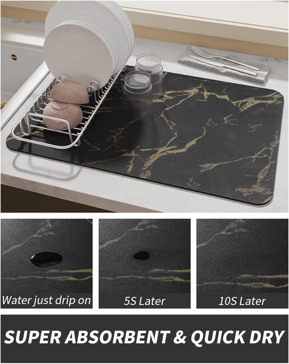 AMOAMI Coffee Mat Hide Stain Rubber Backed Absorbent Dish Drying Mat for Kitchen Counter-Coffee Bar Accessories, Black & Gold, 17"X31.5"