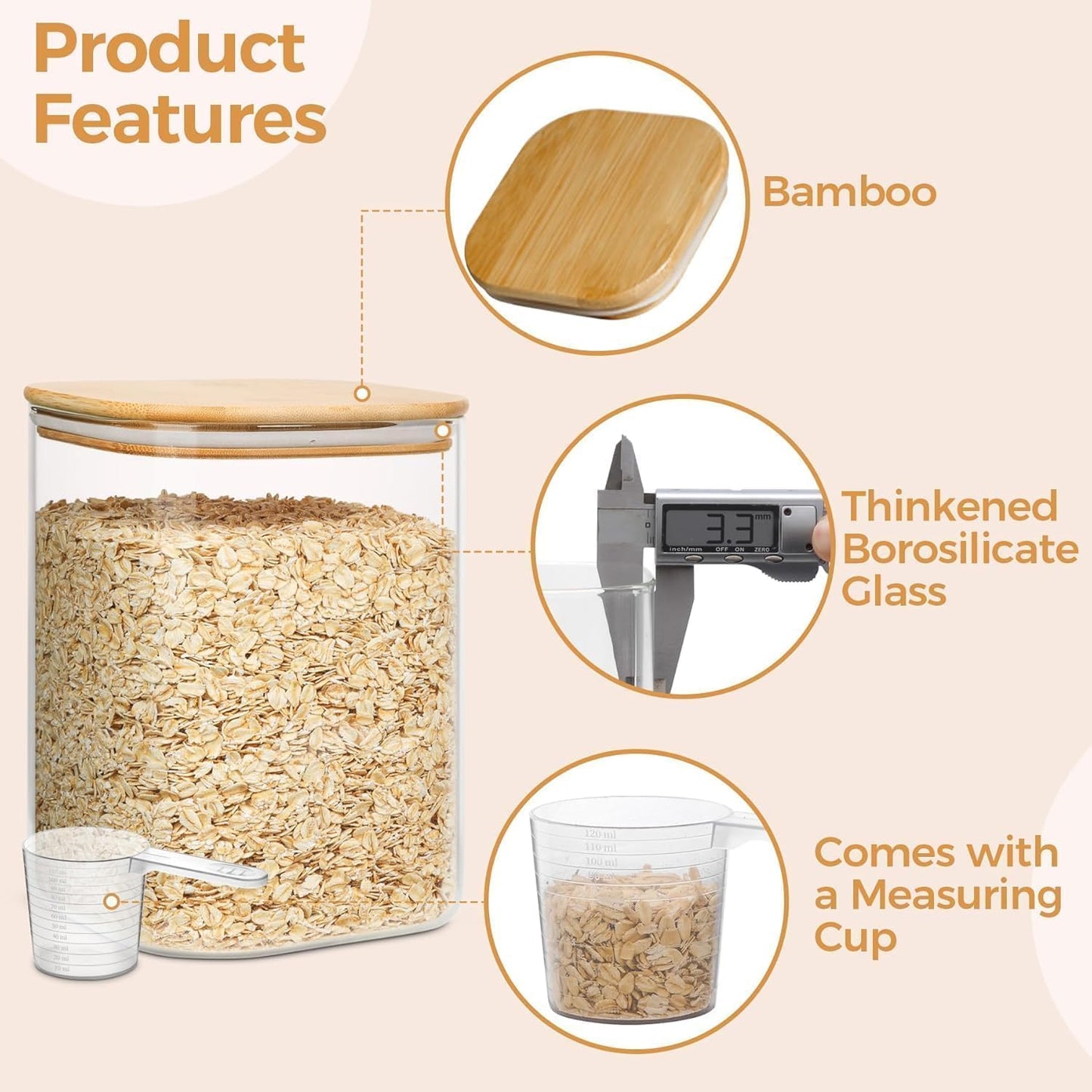 ComSaf 115 oz Glass Food Storage Containers Set of 2, Large Storage Containers with Lids, Square Glass Jars with Lids, for Flour and Sugar, Cereal, Rice, Pasta, Oats, Coffee Beans