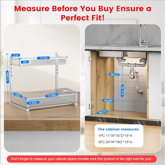 Petiza Metal Under Sink Organizer, Pull Out Cabinet Organizer Rack with Silk-Smooth Bottom Drawer, 5-Level Adjustable, Multi-Purpose Storage Shelf for Bathroom, Kitchen, Vanity, Pantry (2-Pack)