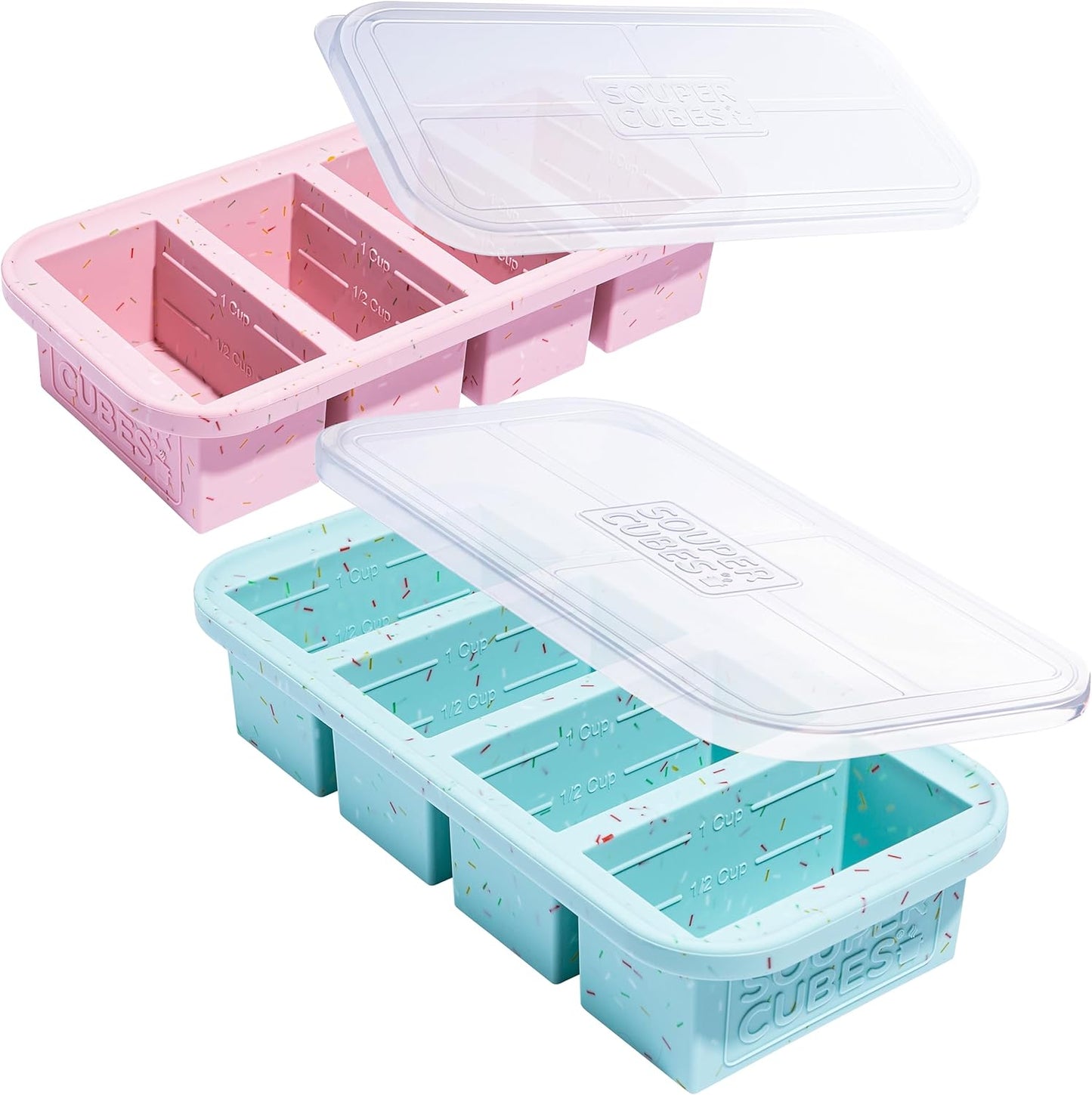 Souper Cubes 1 Cup Silicone Freezer Tray with Lids, Perfect for Storing Broth, Leftovers, Rice, Sauce and More, Silicone Soup Freezer Molds for Meal Prepping - Sprinkles - 2-Pack