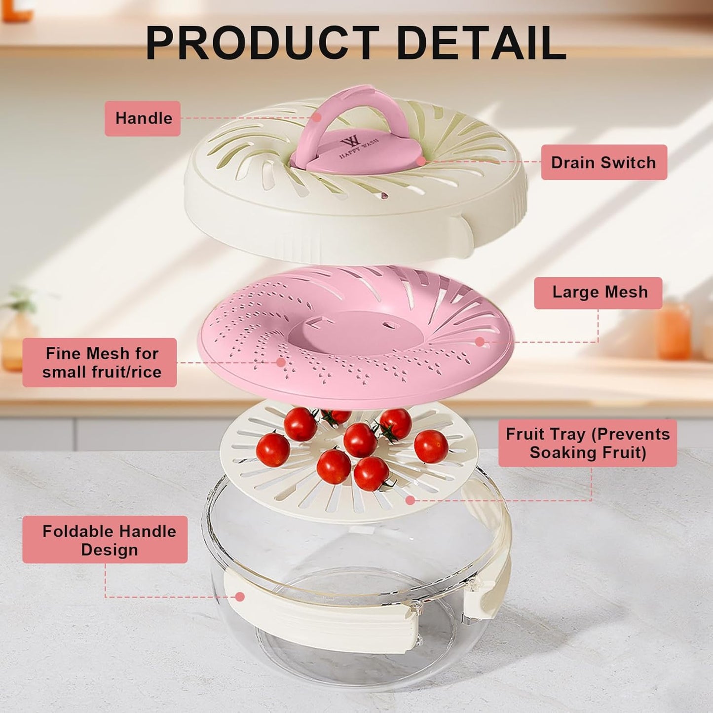 Fruit Washing Bowl with Strainer, Fruit Strainer container with Lid, Portable Fruit Colander with Collapsible Handle, 3 in 1 Fruit Fridge Container Salad Stir Fruit Cleaning Drainer for Kitchen
