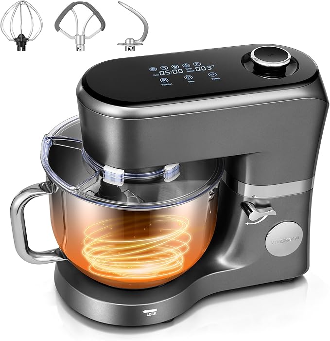 VIVOHOME Stand Mixer with Fermentation, One-Touch Presets Electric Dough Mixer with 6 Qt Bowl, Kitchen Standing Mixer for Baking, Cake with Flex Edge Beater, Bread Hook, Whisk, Gray
