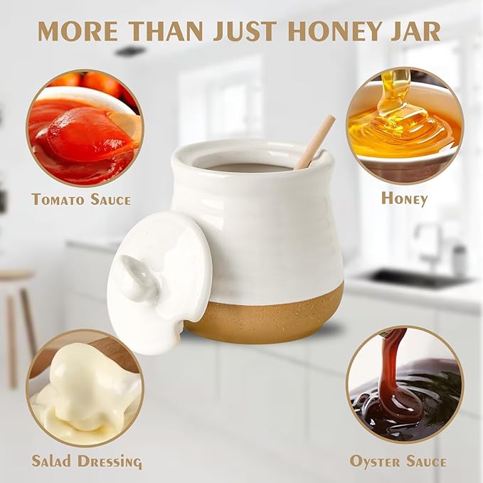 HASENSE Ceramic Honey Pot with Lid and Dipper Stick, 12 Ounce HoneyJar Dish for Home Kitchen, Farmhouse Honey Container for Mother's Day Gift, Dishwasher Safe, White