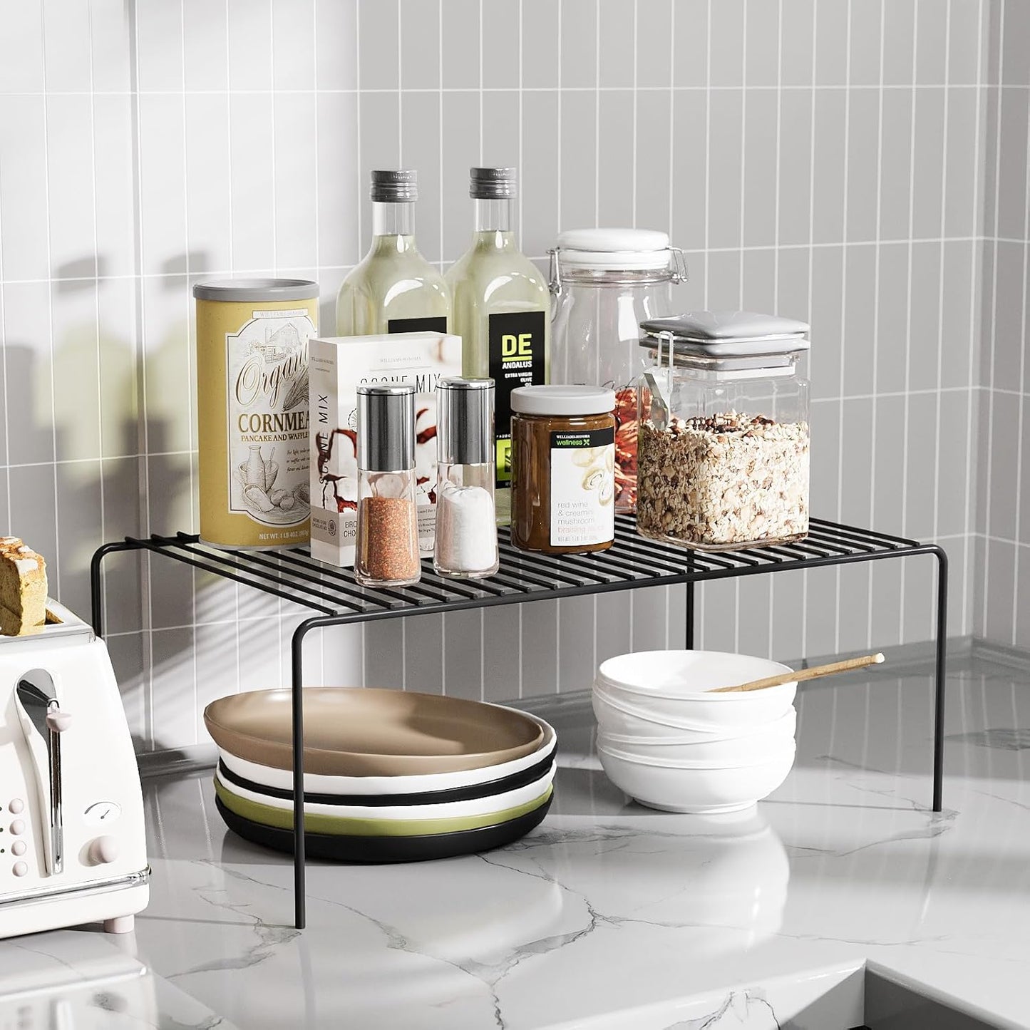 Medium(13 x 9.4 inch)Black Cabinet Storage Shelf Rack Set of 4, Rustproof Metal Wire Kitchen Counter Organizers and Storage, Spice Organization for Cabinet, Plate, Dish, Pantry, Bathroom, Fridge