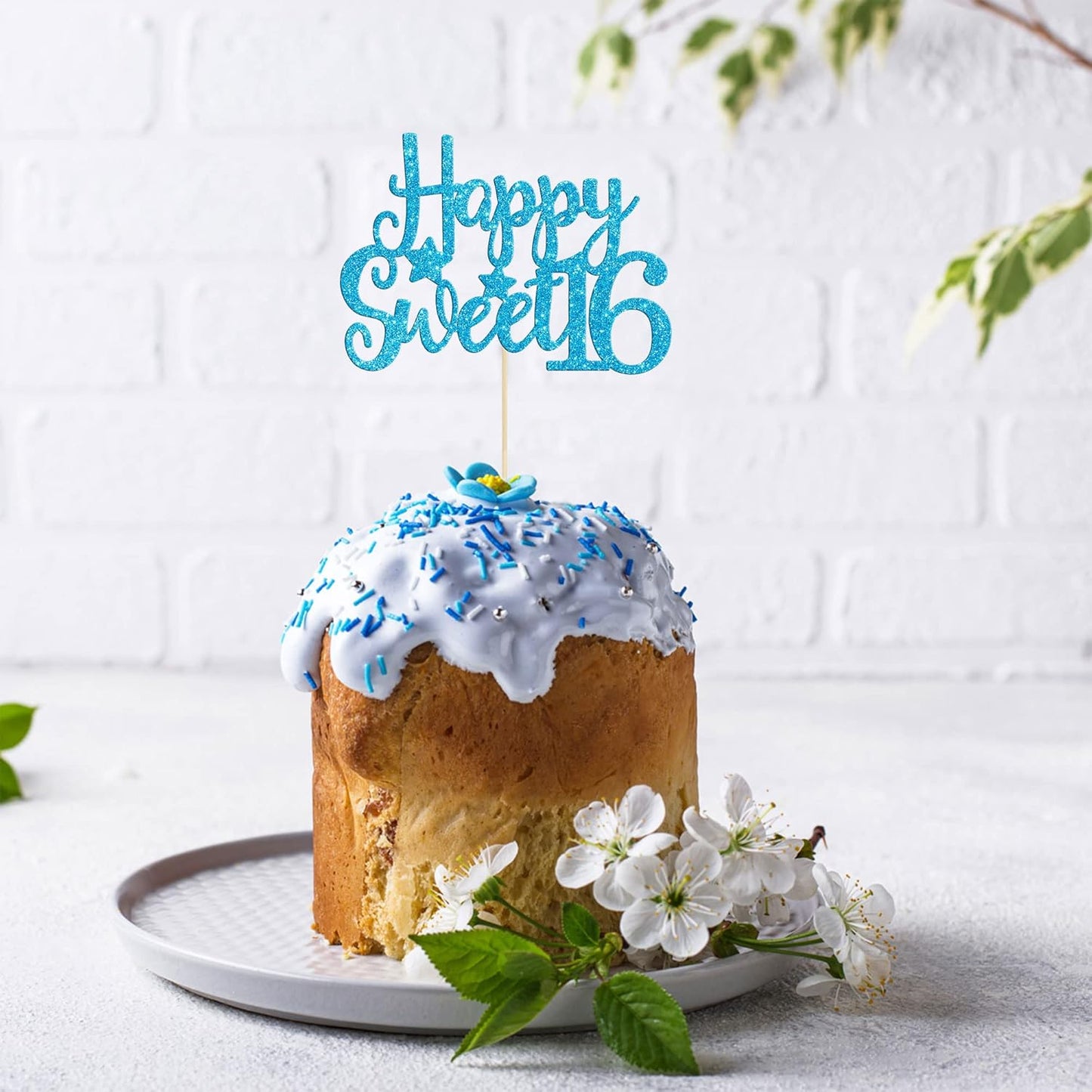 Gyufise 1Pc Happy Sweet 16 Cake Topper Glitter 16th Birthday Cake Pick for Cheers to 16 Years Old 16th Birthday Party Cake Decorations Supplies Light Blue