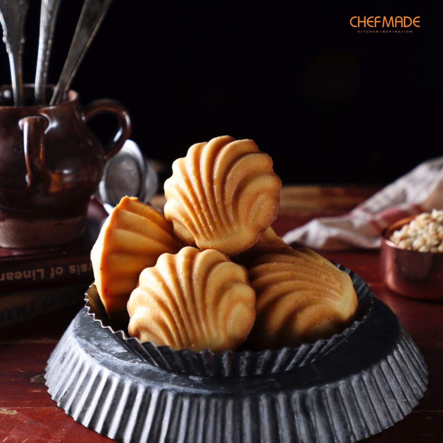 CHEFMADE Madeleine Mold Cake Pan, 12-Cavity Non-Stick Spherical Shell Madeline Bakeware for Oven Baking (Champagne Gold)
