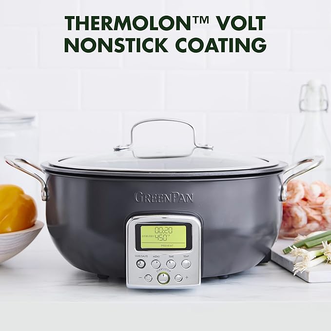 GreenPan Elite Essential Smart Electric 6QT Skillet Pot, Presets to Sear Saute Stir-Fry and Cook Rice, Healthy Ceramic Nonstick and Dishwasher Safe Parts, Easy-to-use LED Display, Graphite