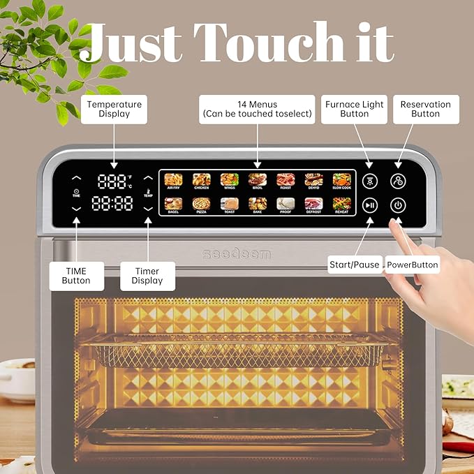 SEEDEEM 32QT Air Fryer Combo, 14-in-1 Extra Large Convection Oven with LED Touchscreen, Stainless Steel Countertop Oven for Family Cooking