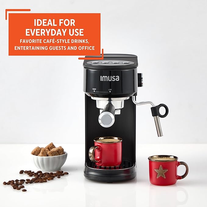 IMUSA 20 Bar Espresso Machine with Milk Frother, Compact 1-2 Cup Espresso & Cappuccino Maker, Thermoblock Fast Heating Coffee Machine, Hot & Iced Latte, Macchiato & Mocha Maker, Matte Black