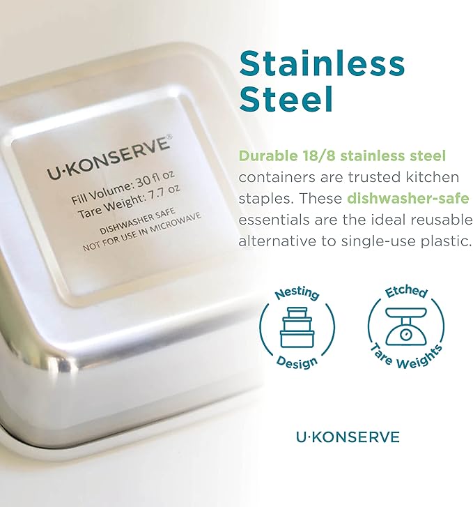 U Konserve Stainless Steel Nested Trio Food Storage Container Bento Box, Set of 3 (15, 30, & 50 oz), Leak Resistant, Silicone Lid, Dishwasher Safe, Plastic Free