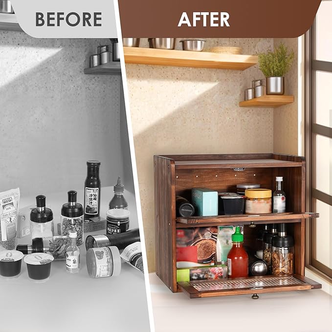 Sunhoo Bread Box for Kitchen Countertop Wooden Bread Storage Container Bin 2 Layer Breadbox Holder Large Capacity Keeper Vintage Farmhouse Food Organizer Pantry Shelf Acrylic Window (Brown)