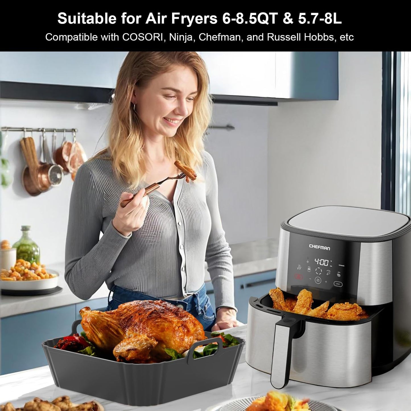 9-Inch Square Silicone Liners for Large Air Fryer 2Pack, 6 to 8.5QT Silicone Pot Baking Accessories for Chefman COSORI Ninja Instant Pot Vortex XL Cuisinart, Reusable Air Fryer Tray Insert