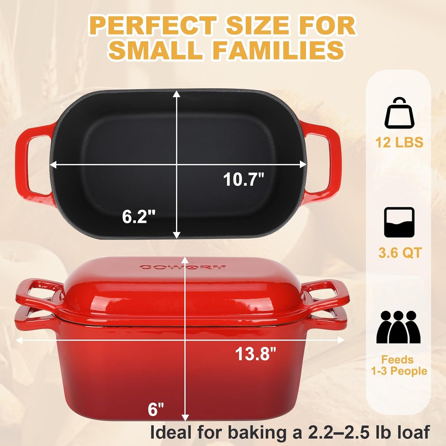 3.6QT Oval Enameled Cast Iron Dutch Oven, Sourdough Bread Baking Pan with Lid