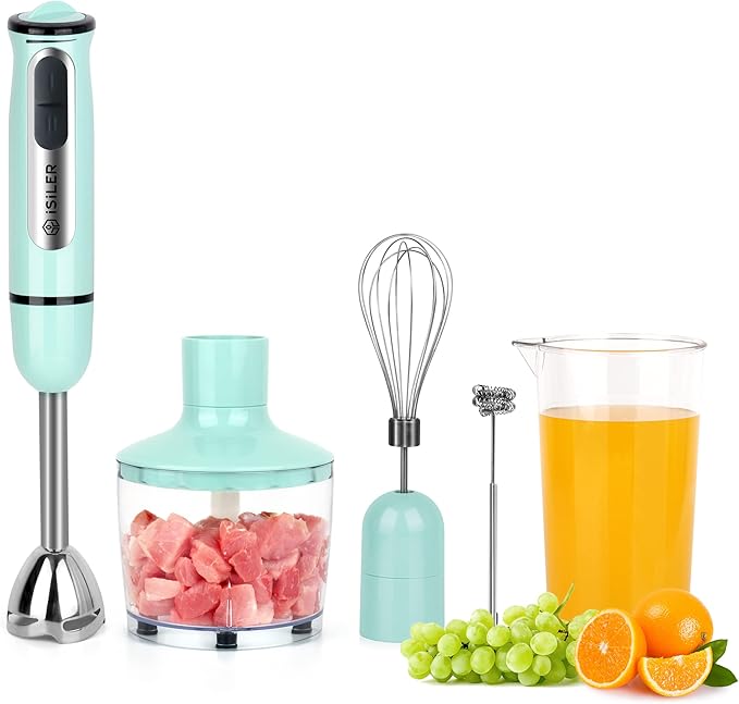 Immersion Hand Blender, ISILER 5-in-1 500-Watt Multi-Purpose Stick Blender with 860ml Food Chopper, 600ml Container, Milk Frother, Egg Whisk, 8-Speed for Puree Infant Food Smoothies Soups