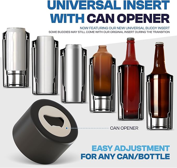Frost Buddy Universal Can Cooler - Fits all - Stainless Steel Can Cooler for 12 oz & 16 oz Regular or Slim Cans & Bottles - Stainless Steel (Party Peeps)