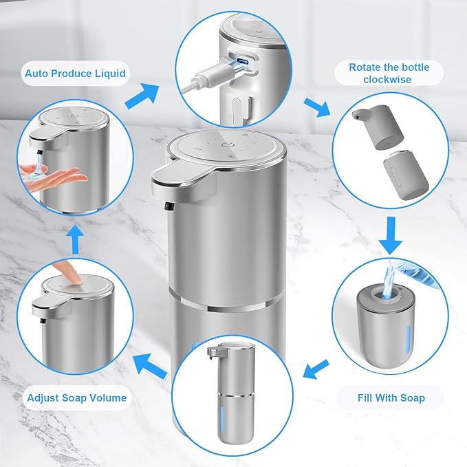 Automatic Foaming Soap Dispenser - Hand Free Pump Touchless Soap Dispenser USB Rechargeable Dispenser with 380ml, 4levels Adjustable Dispenser for Bathroom Kitchen