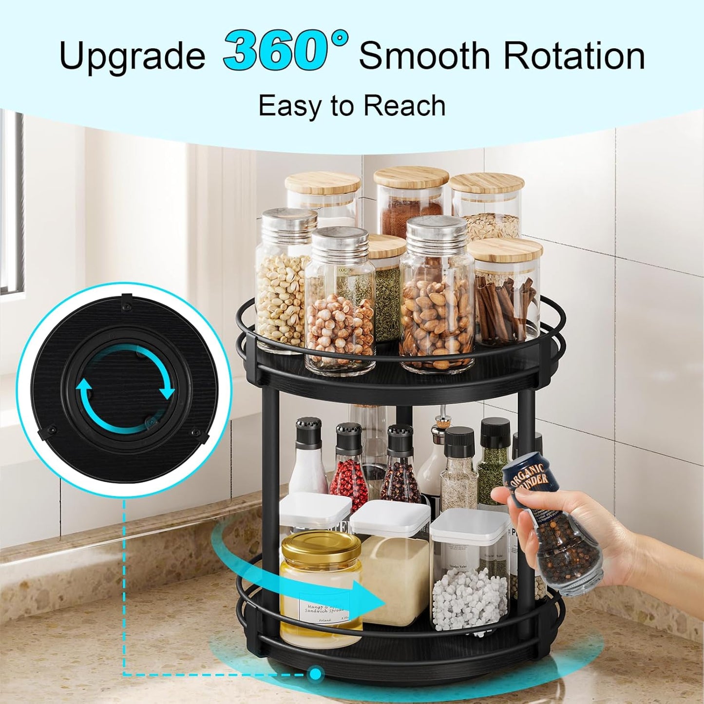 Snughome Lazy Susan Spice Rack, 2 Tier Rotating Spice Rack, Wood Lazy Susan Organizer for Cabinet, Black Kitchen Counter Shelf, 10.2" x 10.2" x 10.4"