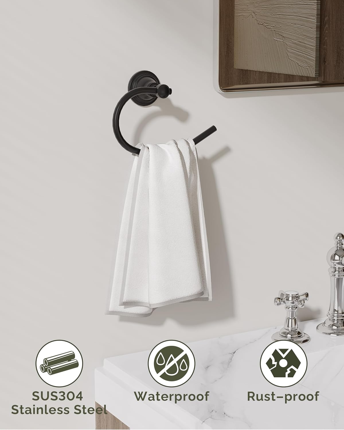 Towel Ring, Stainless Steel Hand Towel Holder for Bathroom Wall Mount, Heavy Duty Towel Hanger for Kitchen, Bath, RV (Matte Black)