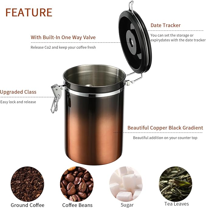Coffee Canister, Airtight Coffee Container with Date Tracker Lid, Stainless Steel Canister for Kitchen Food Storage (Black-Copper, 22oz)