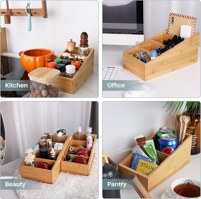 HTB 4-Section Snack Organizer with Removable Dividers for Kitchen, Cabinet, Office, Countertop, 2 Pack Bamboo Pantry Storage Organization for Spice Packets, Seasoning Pouches, Coffee Pods