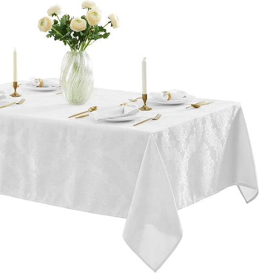 Newbridge Barcelona Luxury Damask Fabric Tablecloth, 70” Extra Wide x 144” Rectangle, White, 100% Polyester, No Iron, Soil Resistant Dining Room, Party and Banquet Table Cover