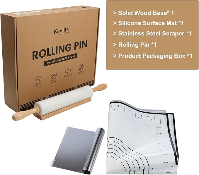 Koville African Natural Marble Rolling Pin, Non-Stick Polished Dough Roller, Pasta, Dumpling, Fondant, Pie Crust, Bread, Pizza Dough, Kitchen Baking Pastry Tools with Mat/Scraper（Namib Fantasy）