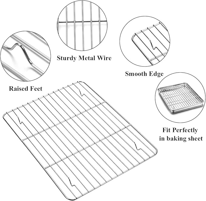 Wildone Baking Sheet with Rack Set [2 Sheets + 2 Racks], Stainless Steel Cookie Pan baking Tray with Cooling Rack, Size 12 x 10 x 1 Inch, Non Toxic & Heavy Duty & Easy Clean