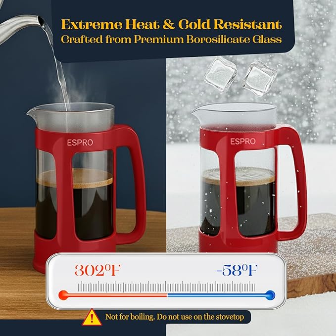 ESPRO Light P3 French Press Coffee Maker – Patented Double Micro-Filter for Grit-Free Brew, Heat Resistant thicker Borosilicate Glass Coffee press – (Red 32 oz)