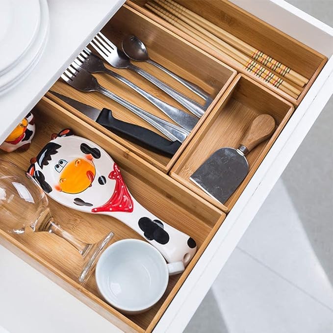 Bamboo Drawer Organizer - Kitchen Utensil Organizer Silverware Tray Cutlery Holder，Office Desk Supplies and Accessories (8.9x5.9x2.6 inch)