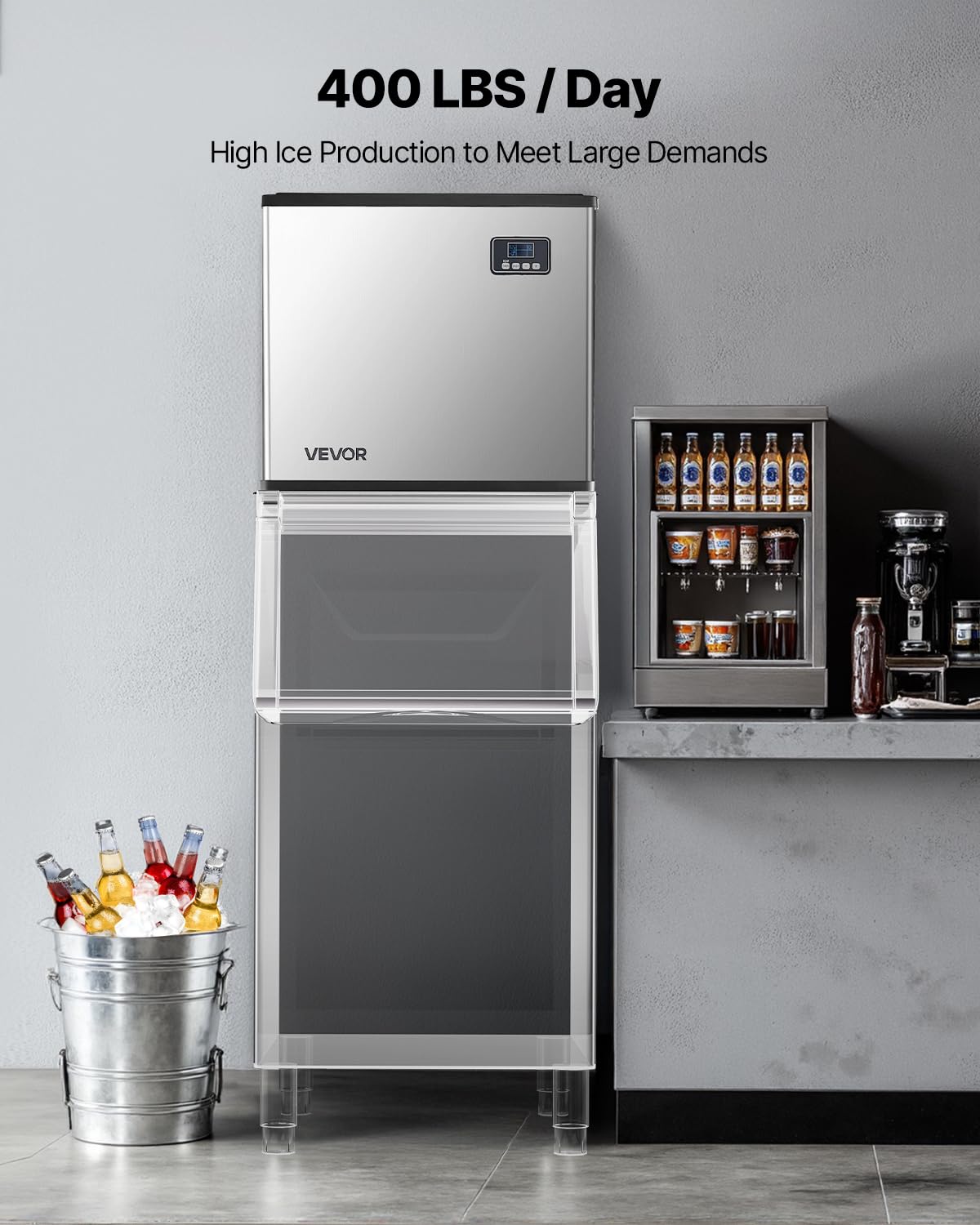 VEVOR Commercial Ice Maker Machine - Head, 400 Lbs/Day Stainless Steel Ice Machine with Self-Cleaning, Scheduled Ice-Making, Adjustable Thickness, Ideal for Restaurant Bar Cafe Hotel - Head Only