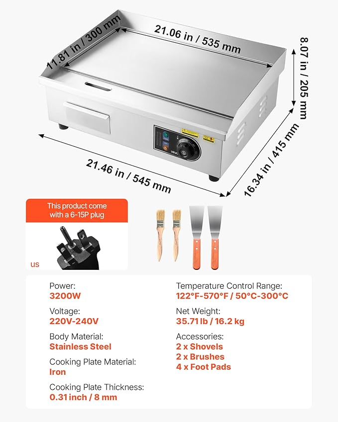 VEVOR Commercial Electric Griddle, 21.06 x 11.81 inch, 3200W, 122-570°F Adjustable Temp Control, Stainless Steel Body, Full Flat, with 2 Spatulas, 2 Brushes, and 4 Foot Pads, for Steak, Pancake