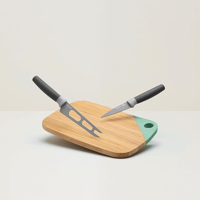 Berghoff LEO Natural Bamboo Cutting Board Non-stick Coating 18/10 Stainless Steel Blade Knives Set of 3pc Green & Grey Ergonomically Designed Handle