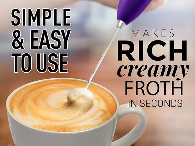 Zulay Kitchen Milk Frother Handheld Electric Whisk with AA Duracell Batteries – Durable Drink Mixer for Coffee, Lattes, Cappuccinos & More - Purple