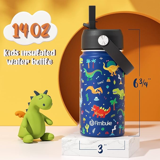 Fimibuke Kids Insulated Water Bottle, 14oz BPA FREE 18/8 Stainless Steel Travel Tumbler Double Wall Vacuum Leak Proof Kids Cup with Straw Metal Bottles for School Boys Girls (1 Pack, Green Dinosaur)