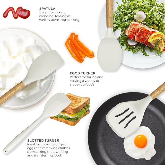 Silicone Cooking Utensils Set - 446°F Heat Resistant Silicone Kitchen Utensils for Cooking,Kitchen Utensil Spatula Set w Wooden Handles and Holder for Non-Stick Cookware, BPA FREE (Cream White)