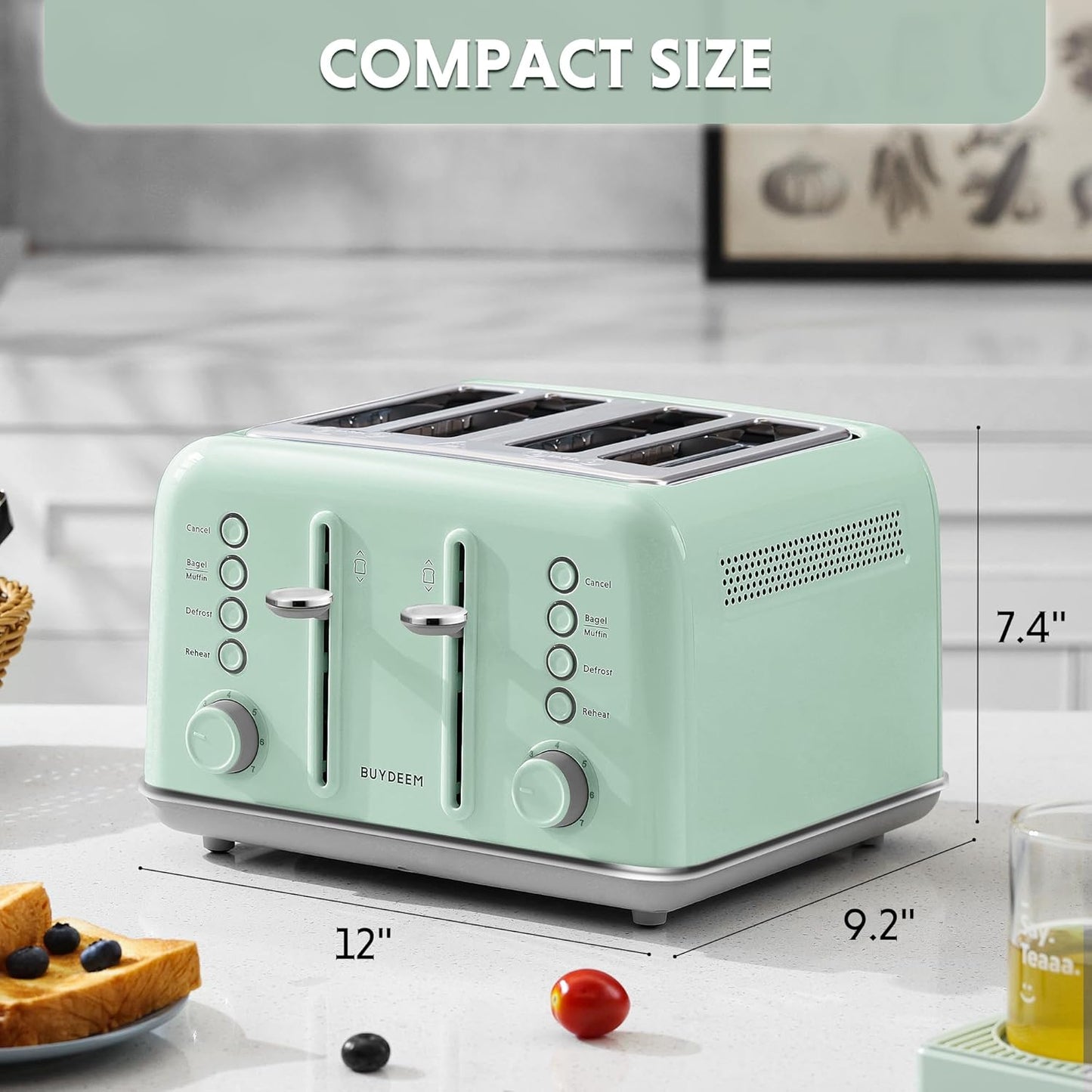 BUYDEEM DT640 Retro 4 Slice Toaster, 7 Shade Settings, Extra Wide 1.5'' Slots, Stainless Steel Toaster with Bagel Muffin Defrost Reheat Function, Green